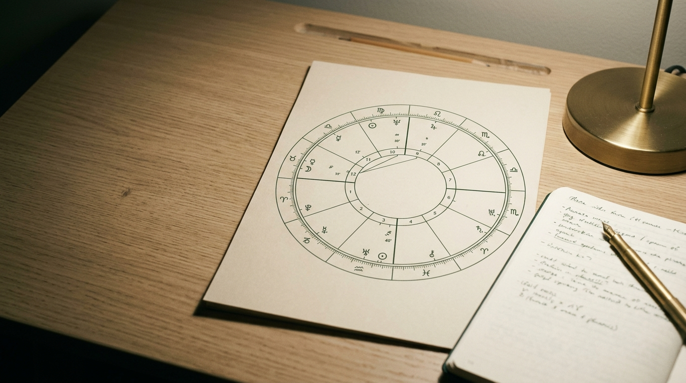 Annotated birth chart wheel beside handwritten notes on a warm wooden desk