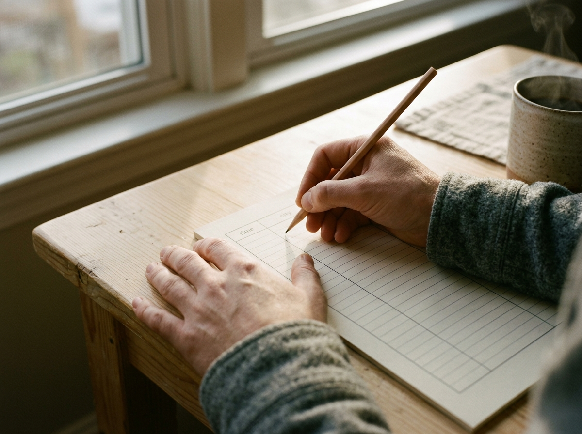 Hands recording a birth time and location into a morning journal