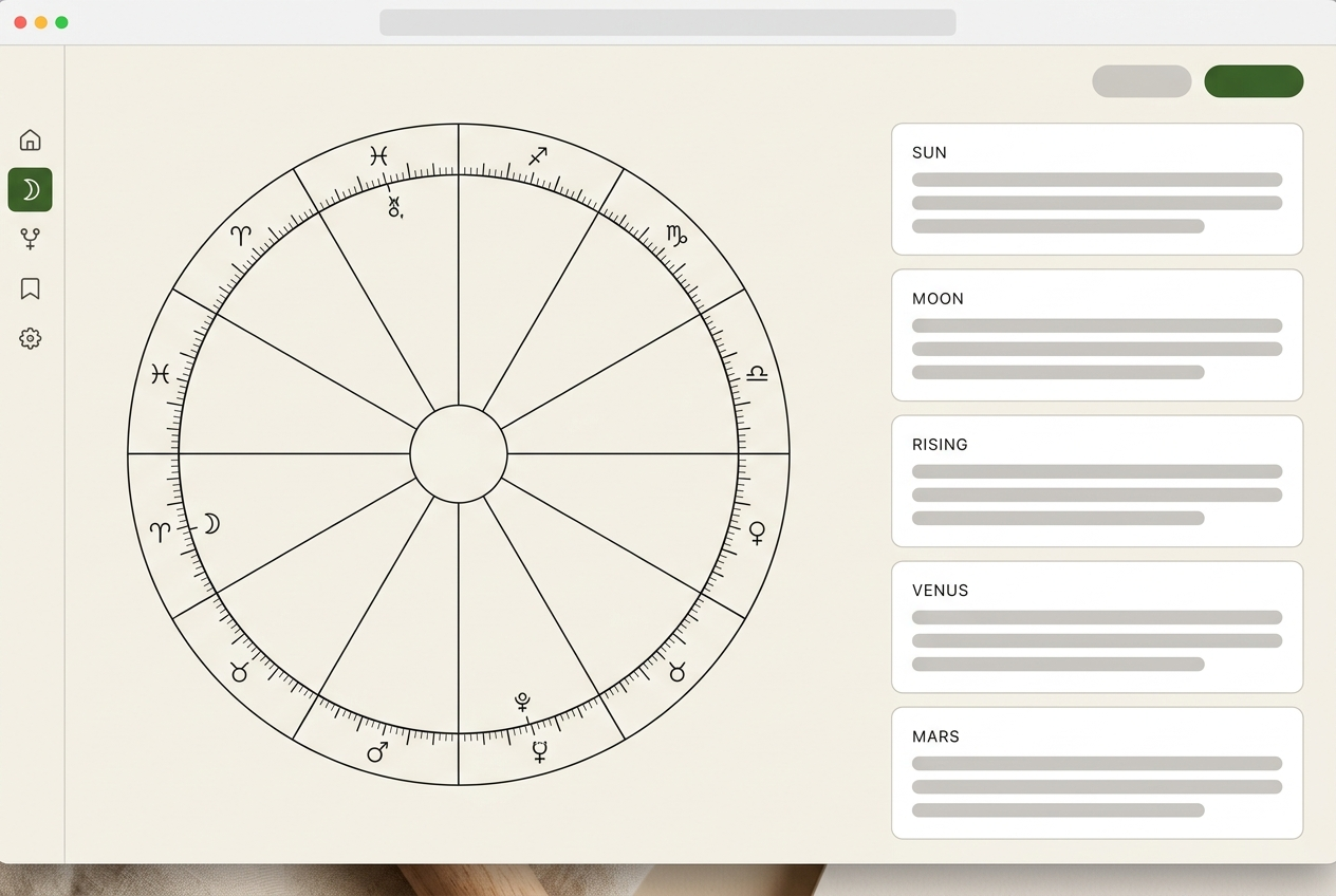 A birth chart reading interface, the chart calculation (ephemeris) shown beside its written placement paragraphs